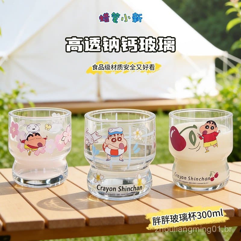 Copo de vidro gordinho do Crayon Shin-chan, xícara de café, caneca de alto valor, copo doméstico, copo de leite para hom