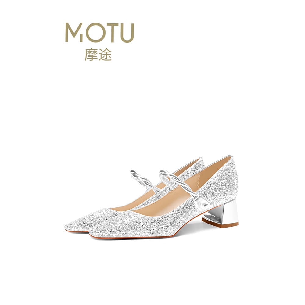 Sapatos de casamento prateados salto grosso fivela cinta dedo do pé quadrado Mary Jane sapatos femininos 2026 novo estil
