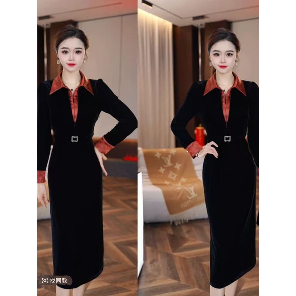 Primavera novo estilo feminino ouro veludo vestido de manga comprida moda estilo ocidental High-End mãe usar saia de lap