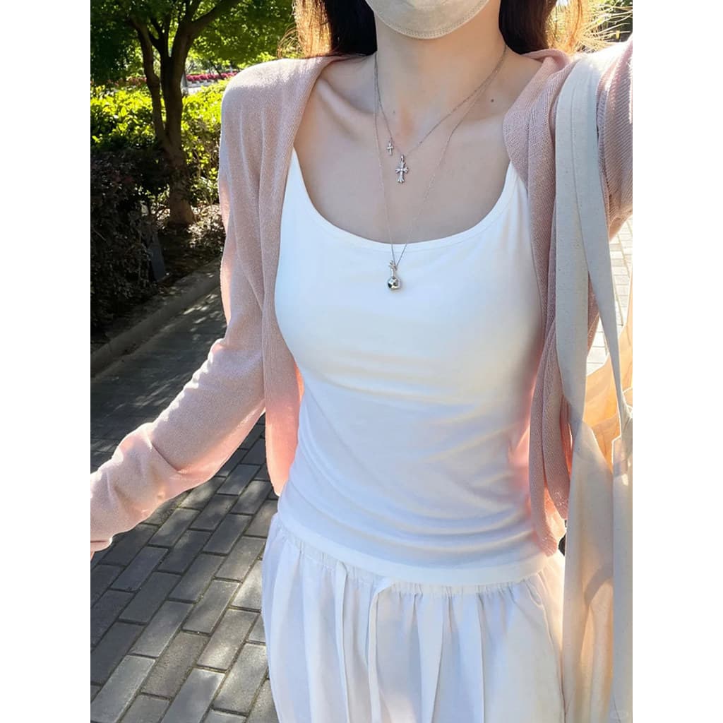 Camisola branca feminina verão 2025 primavera outono fino ajuste interno com almofada no peito fundo sem mangas exterior