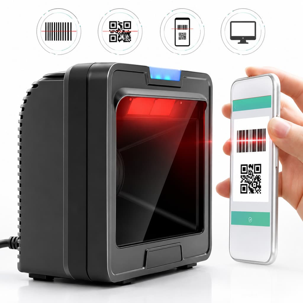 Leitor de Código de Barras 2D Fixo USB Mãos Livres QR Code para Caixa PDV Preto