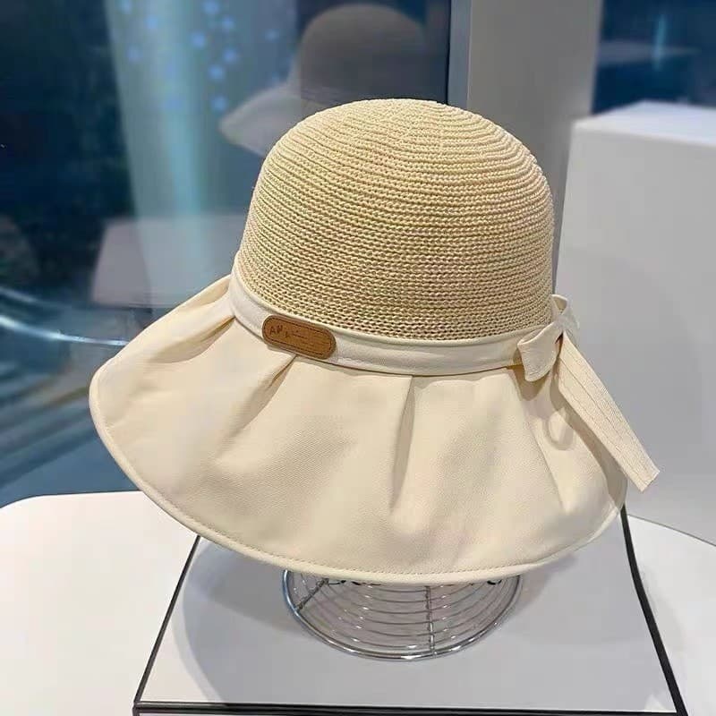 Palha fina tecido textura feminino guarda-sol balde chapéu grande borda capa rosto ajustável dobrável verão viagem prote