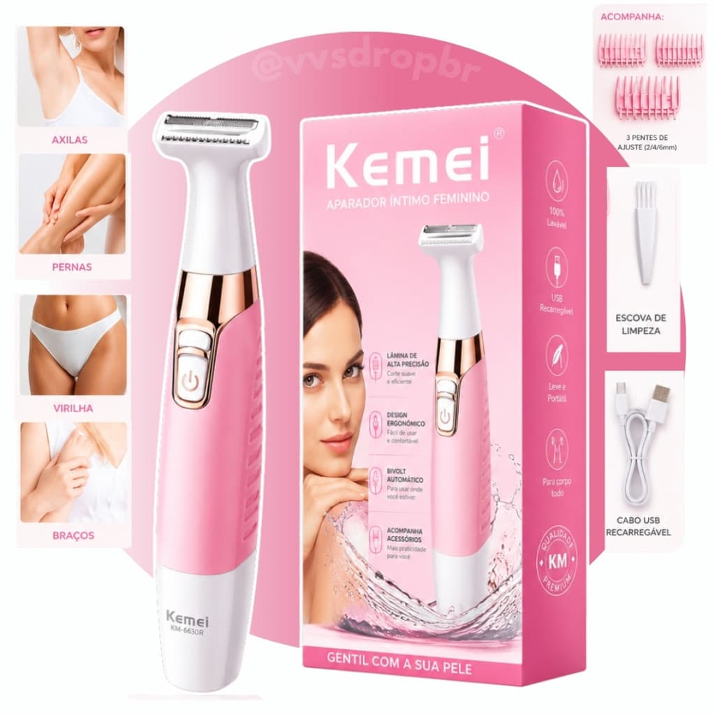Aparador de Pelos Feminino Kemei KM-1900 3W Recarregável, Lavável e Resistente à Água Sem Fio Bivolt