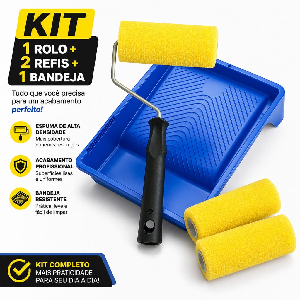 Kit Pintura Completo: Rolo de Espuma 10cm, 2 Refil e Bandeja.