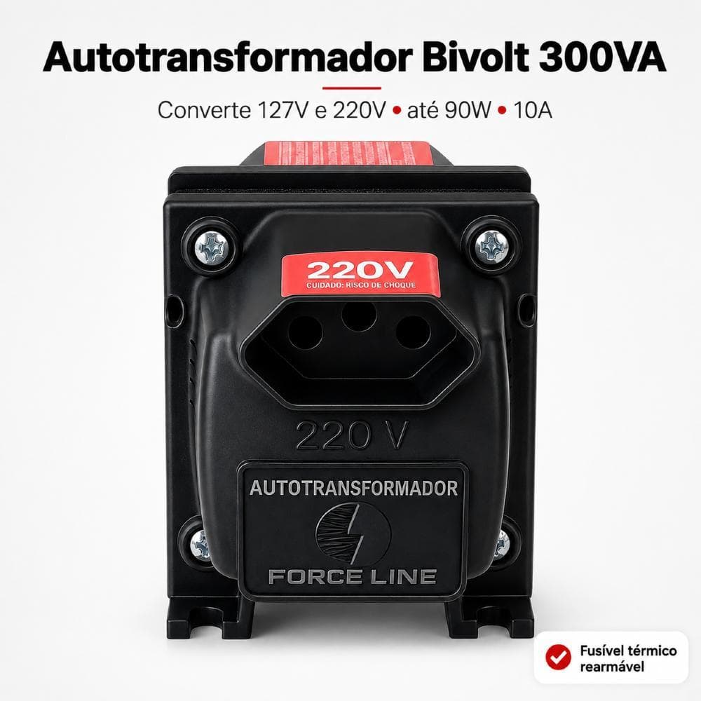 Auto Transformador 300VA Tomadas Bivolt 127v/220v Notebook Computador Escritório Carregadores Roteador Force Line