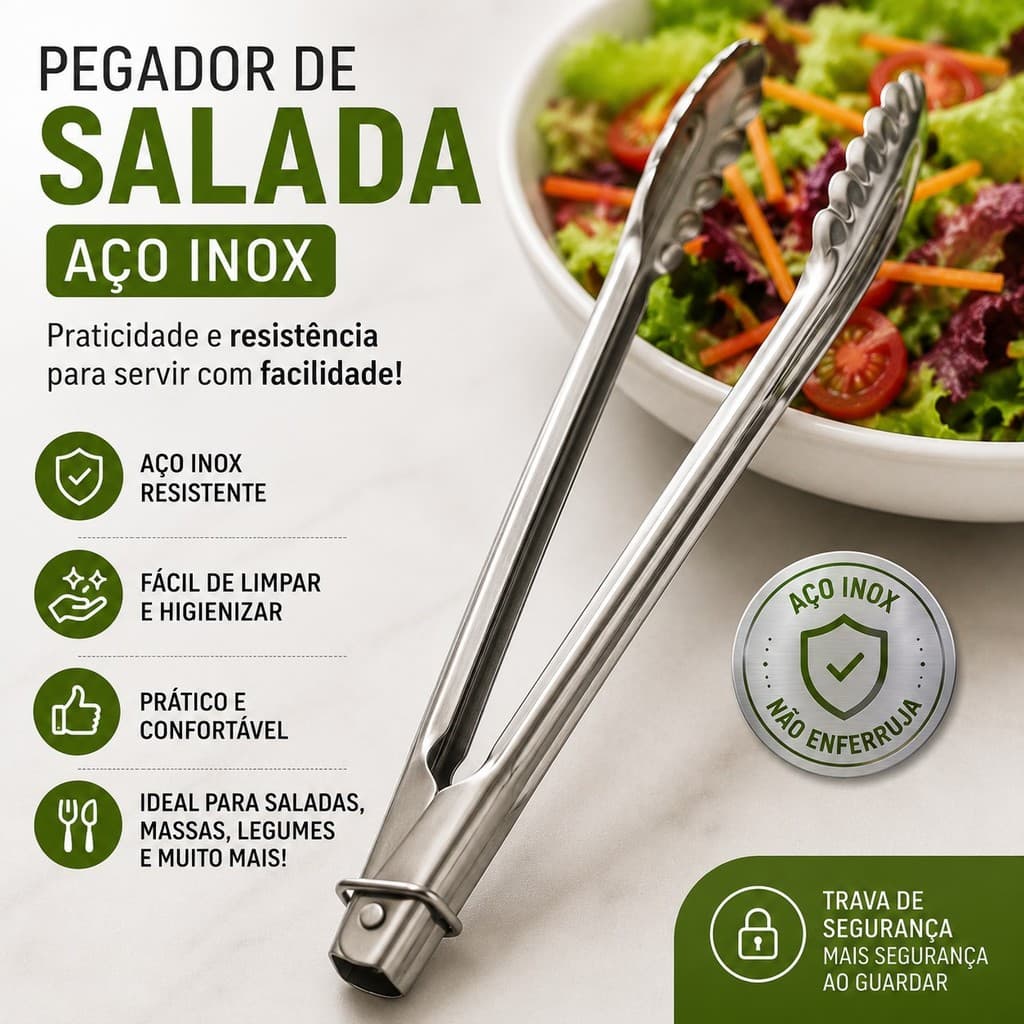 Pegador de Salada em Aço Inox Resistente Multiuso para Servir Saladas Massas e Alimentos