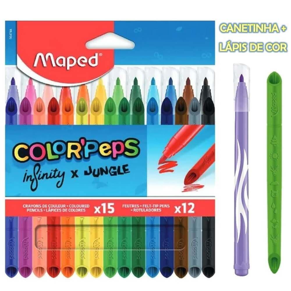 Kit Color Peps Lapis de Cor Infinity 15 Cores + Canetinha Jungle 12 Cores - Maped