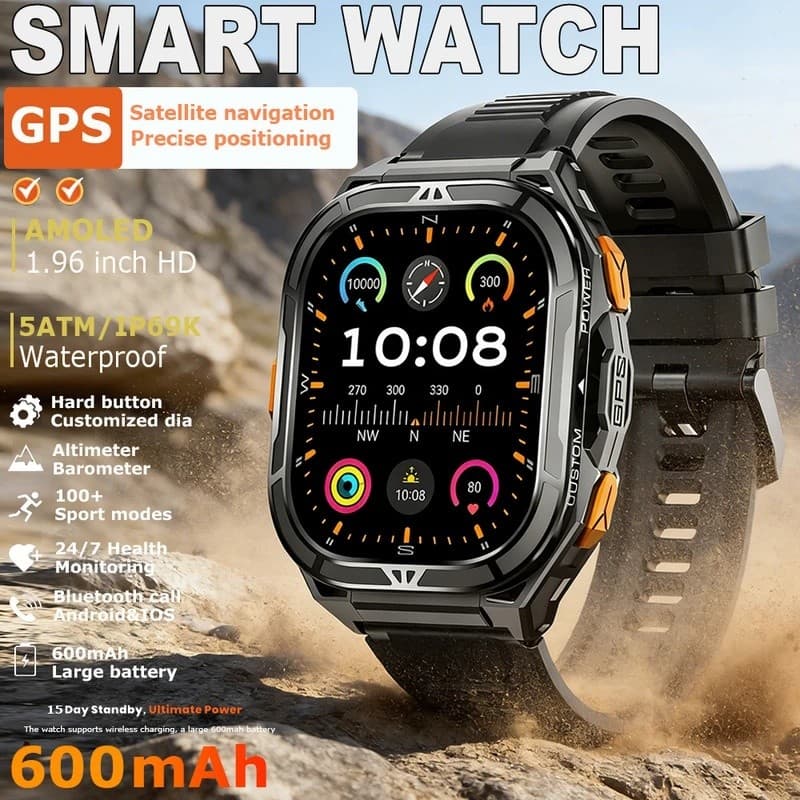 2026 Novo Smartwatch Relógio Inteligente GPS Masculino 1.96 Polegadas HD Tela AMOLED Bússola Chamada Bluetooth 3ATM À Pr
