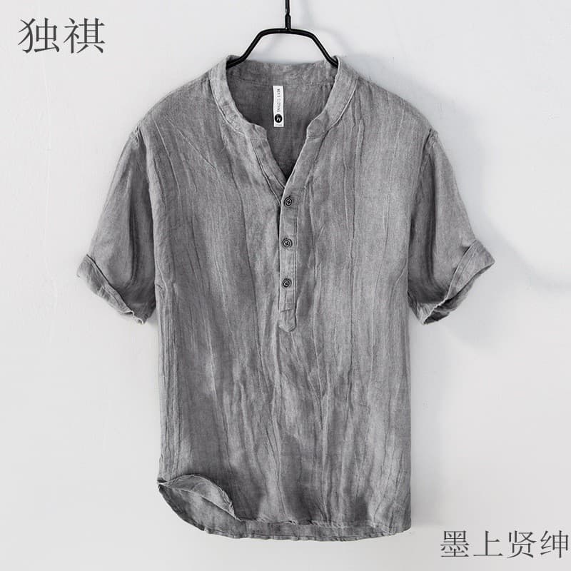 Asiático de manga curta Casual camiseta masculina gola alta pulôver camisa nacional na moda tamanho grande Retro estilo