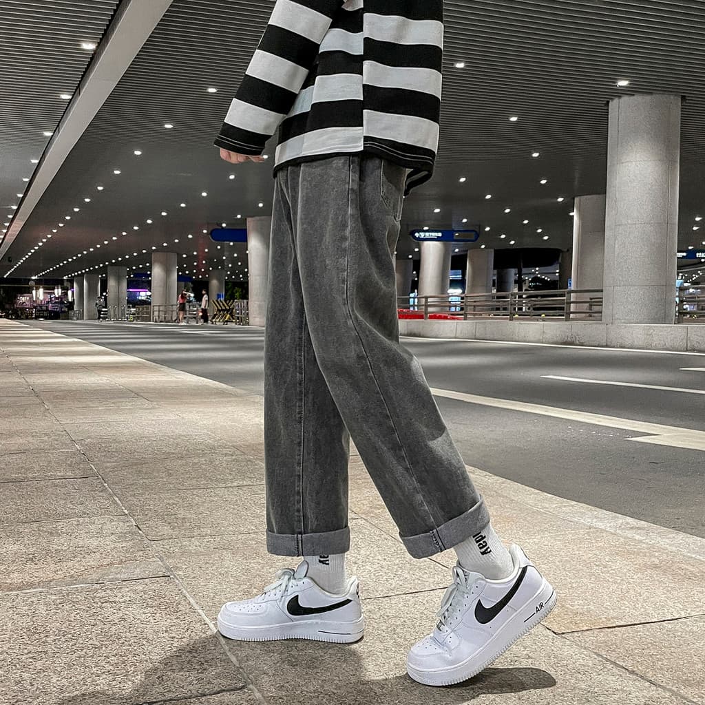 Novo estilo Jeans masculino primavera outono corpo largo perna larga calças casuais cordão elástico em linha reta Retro