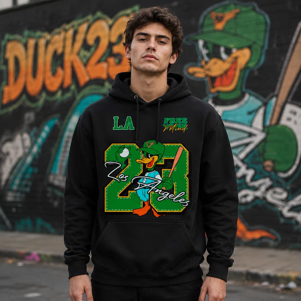 Blusa de Frio Masculina Duck 23 Moletom Preto Canguru Estampado Casual Com Capuz