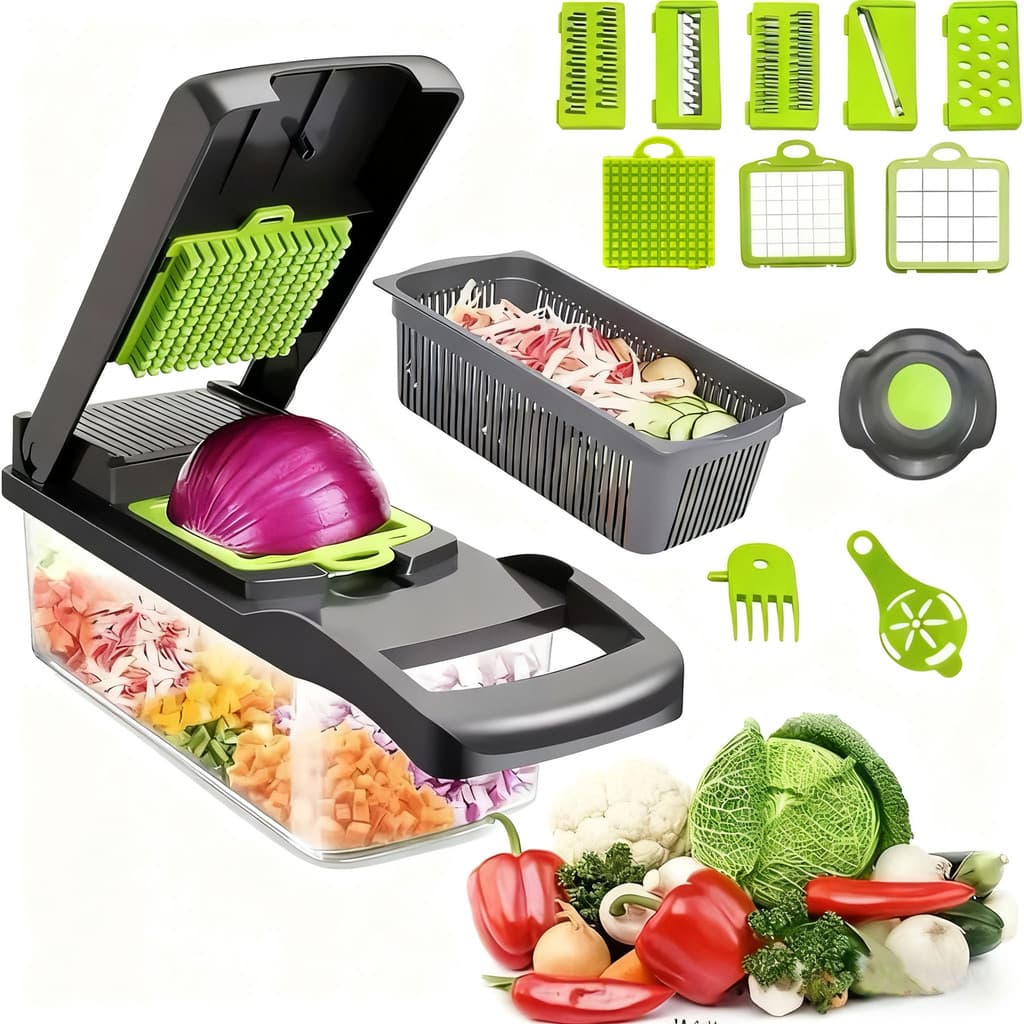 Cortador de Legumes 11 em 1 | Mandolina Fatiador Ralador Queijo Verduras | Processador Alimentos Inox com Cesto