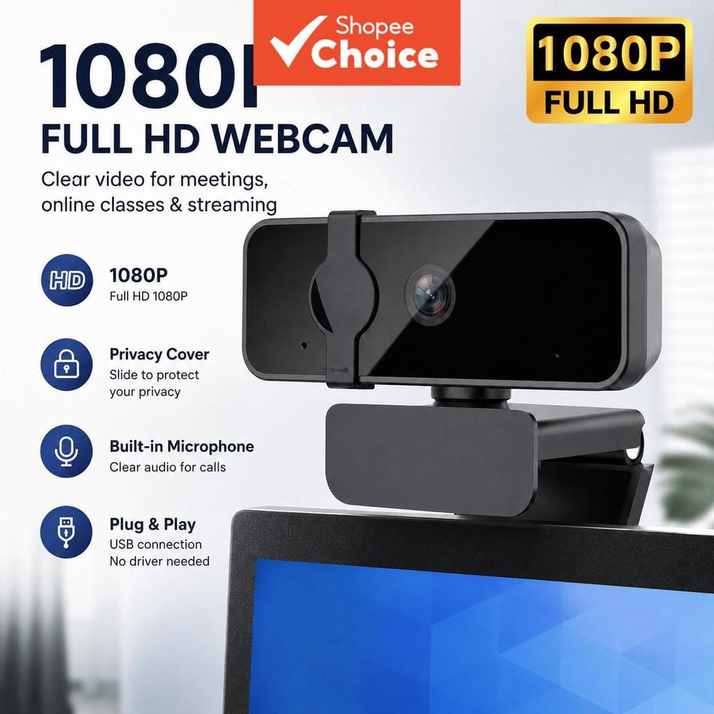 Câmera Web JCL 1080p Full HD para PC e notebook, conexão USB Plug & Play com microfone e tampa de privacidade, ideal