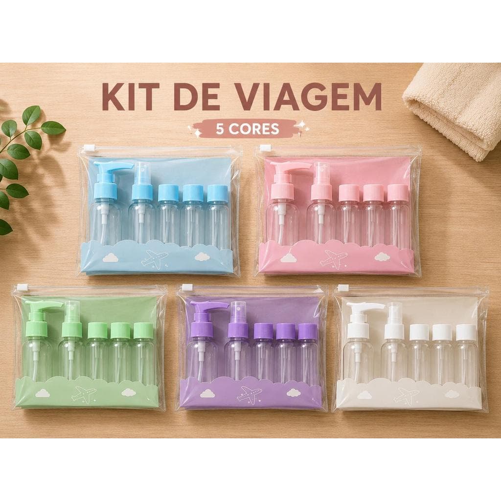 Kit de Viagem 5 Peças com Frascos de 60ml e 40ml – Pump, Spray e Tampa Flip-Top