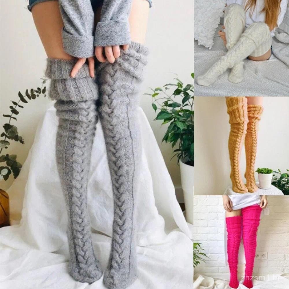 Meias de Lã Femininas, Aquecedores de Pés, Elegantes e Fofas para Outono e Inverno, Cor Sólida, Altas até a Coxa, em Fib
