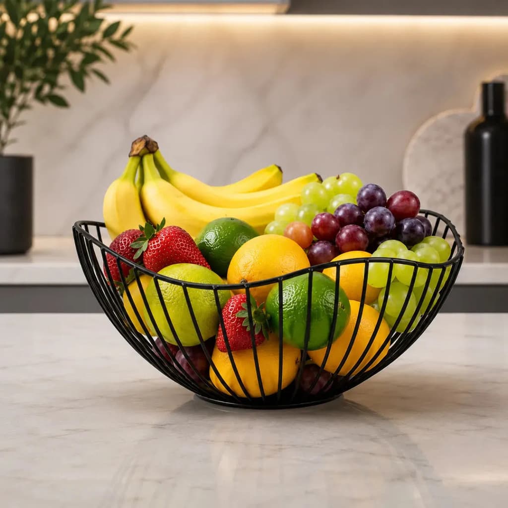 Fruteira De Mesa Organizador De Frutas Cozinha Preta Metal Aramada Redonda Moderna E Versátil Ondulada AQUATTRO