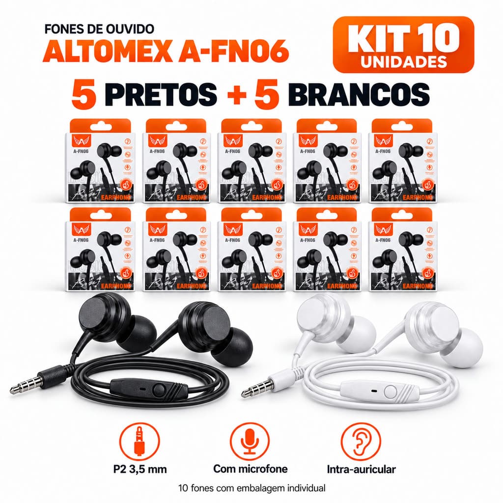 Kit 10 Fone de Ouvido Com Fio Altomex A-FN06 3,5mm Intra-Auricular Com Microfone Preto ou Branco