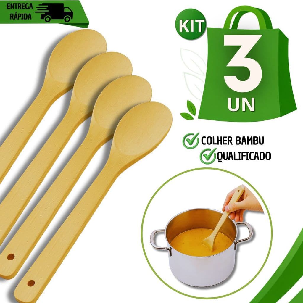 Kit 3 Colheres de Pau Madeira Bambu Para Cozinha 30 cm Utensílios
