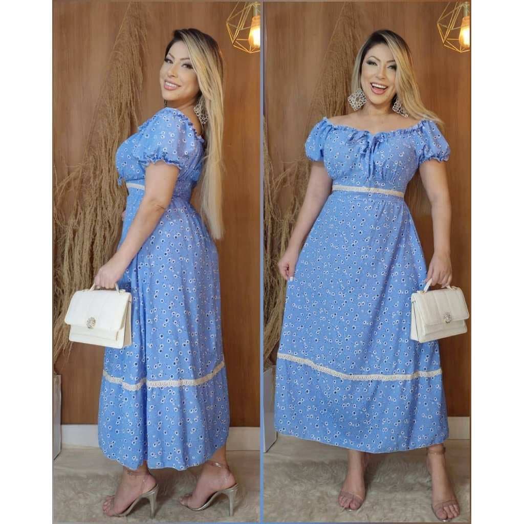 Vestido longo camponesa manga bufante floral delicado renda crepe dunas