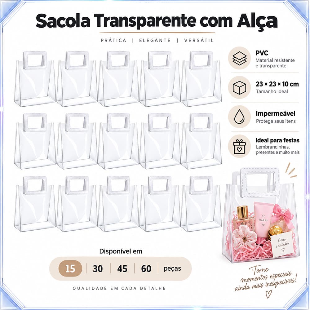 15/30/45/60 peças sacola transparente Material de PVC 23x23x10cm à prova d'água adequado para festa