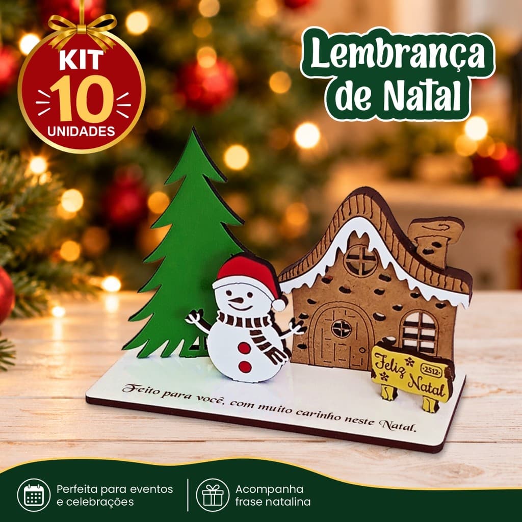 Kit 10 Lembrancinhas de Natal Boneco de Neve e Casinha com Mensagem