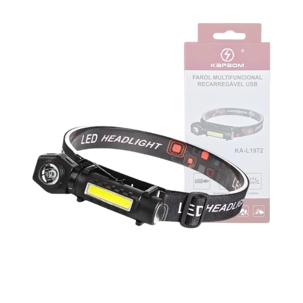 Lanterna de Cabeça 2 em 1 KA-L1972 Kapbom LED XPE+COB Recarregável USB com Sensor de Movimento