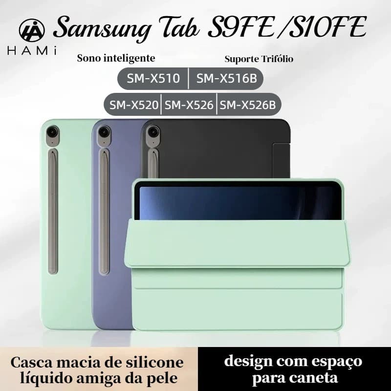 Capa de silicone para Samsung Tab S9FE/S10FE 11” polegadas - slot de canetas e Auto Sleep