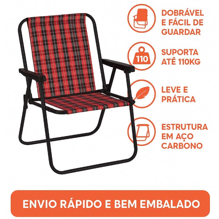 Cadeira Dobrável Xadrez Carmim em Aço Mor – Leve e Resistente 110kg