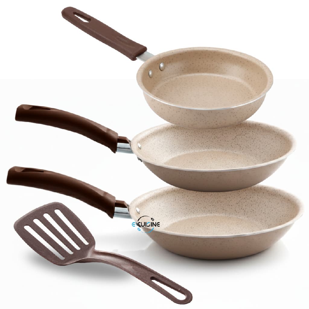 Kit Jogo de Frigideiras 3 Pçs Antiaderente Teflon 6 Camadas Desenhada Crema com Espátula
