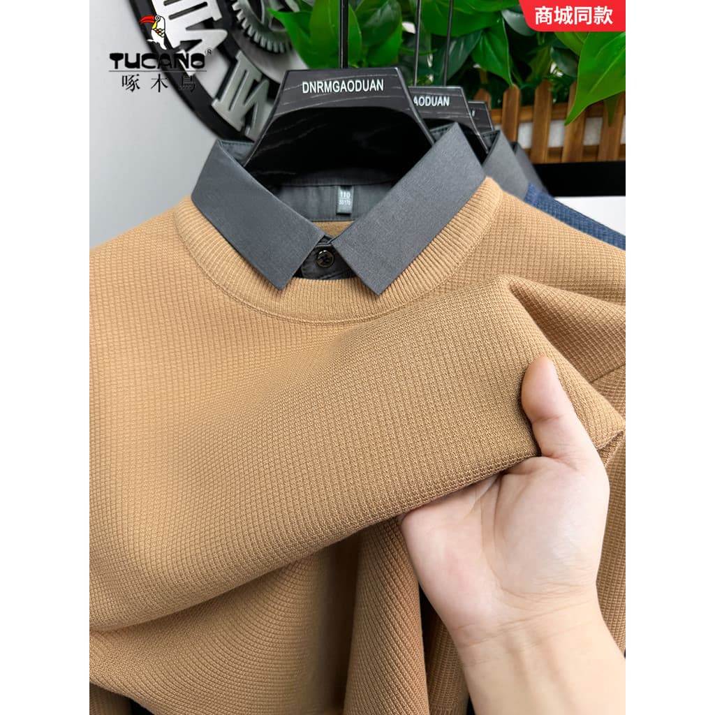 Woodpecker falso camisola masculina de duas peças outono inverno novo estilo quente lapela topo forro de lã masculino en