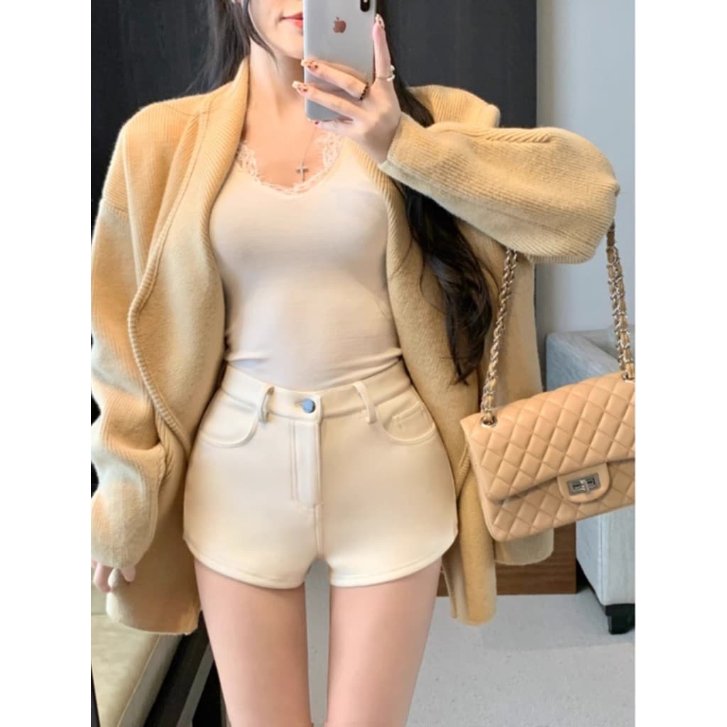 Engrossado velo-pernas Shorts retos feminino outono inverno branco magro Hip-coberto calças de cintura alta calças casua
