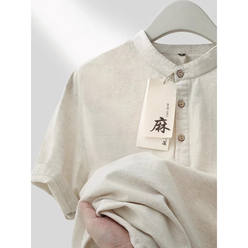 Estilo chinês linho gola alta camiseta 2026 novo estilo verão masculino algodão linho de manga curta solto tamanho grand