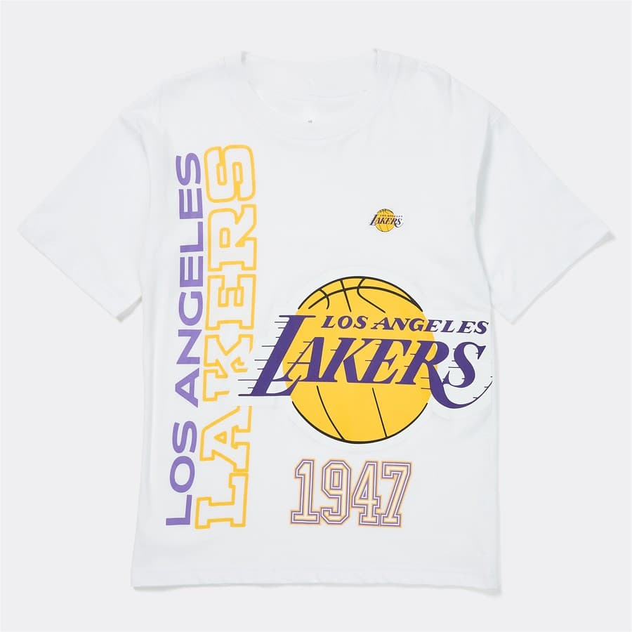 Camiseta Masculina Feminina Oversized Estampa Los Angeles Lakers Ano 1947 Letras Verticais Bola Basquete Branca T-shirt