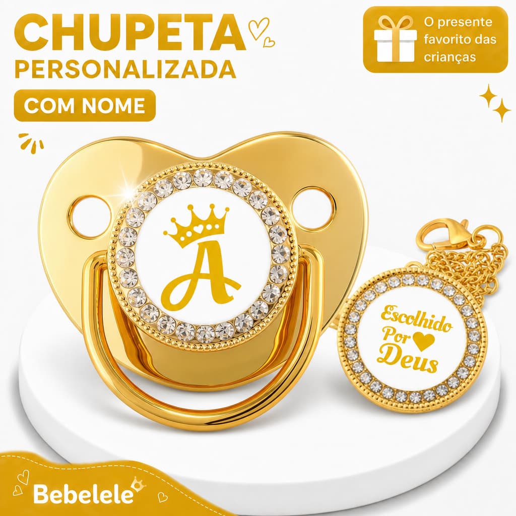 Chupeta De Bebê Com Letra Inicial Dourada Corrente Bico De Silicone BPA Free &GTGT