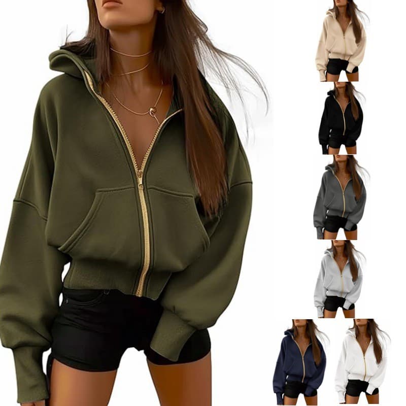 Mulheres zíper com capuz de manga comprida moletom curto Casual forro de lã moletom 2026 moda outono inverno roupas