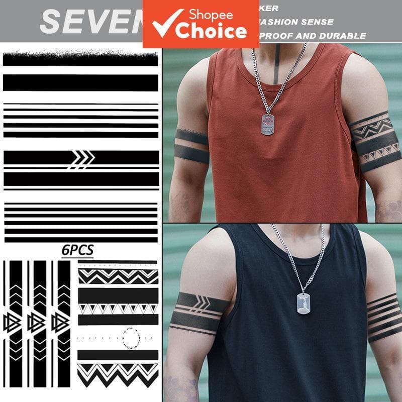 Seis tatuagens temporárias com padrões tribais em preto, estilo minimalista, para braço, à prova d’água, duram 7-15