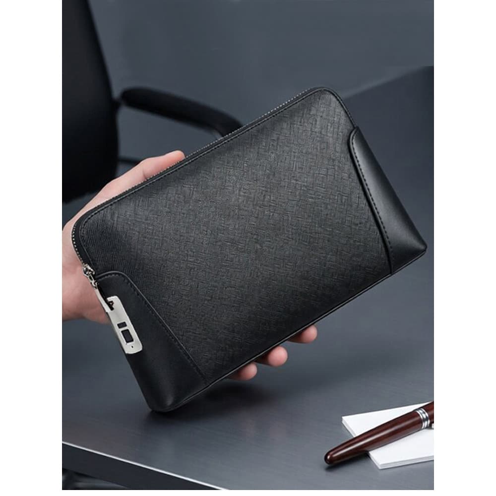 Embreagem de couro genuíno masculino novo estilo impressão digital desbloquear embreagem negócios Casual senha clipe sac