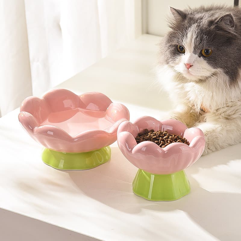Tigela de cerâmica para gato, proteção para pescoço, tigela para animais de estimação, tulipa, alta, tigela de água, com