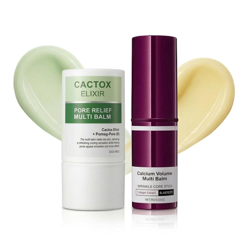 Multi Balm Stick Duo – Bastão Firmador Anti-Rugas com Cálcio e Colágeno + Bastão Refrescante de Cacto para Redução de Po