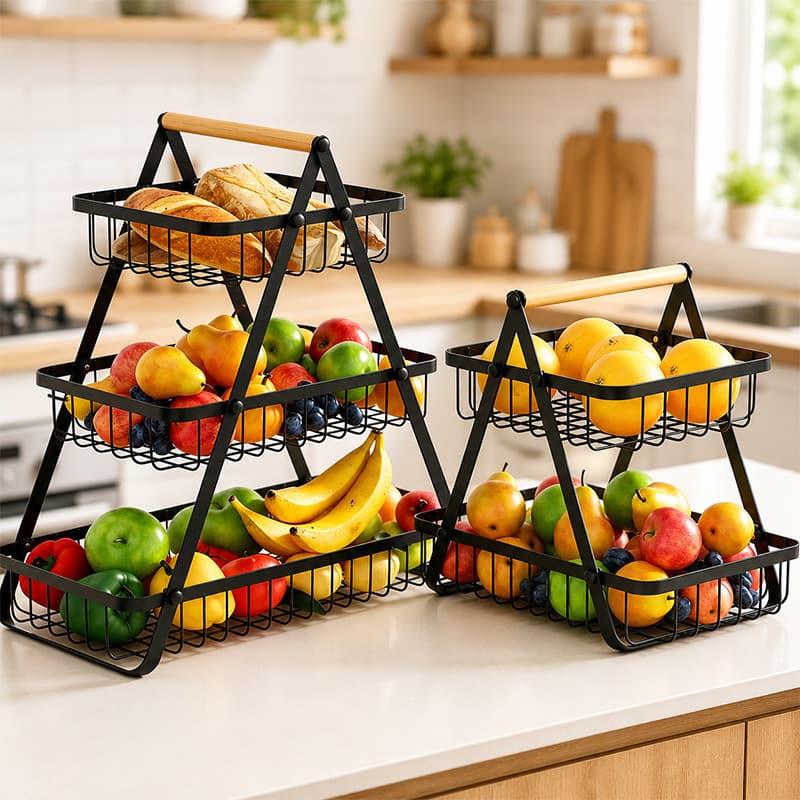 Fruteira 2/3 Andares Metal Preto Com Alça Madeira Cesto Aramado Armazenamento Frutas Legumes