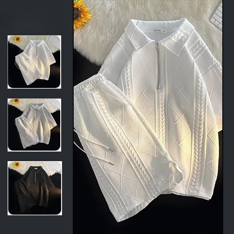 Camiseta Solta de Manga Curta com Meio Zíper para Roupas Esportivas Masculinas de Primavera e Verão + Conjunto de Duas P