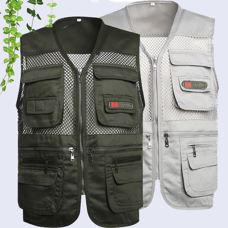Verão fino colete de malha masculino Multi-bolso fotografia ao ar livre Casual solto tamanho grande ferramentas colete