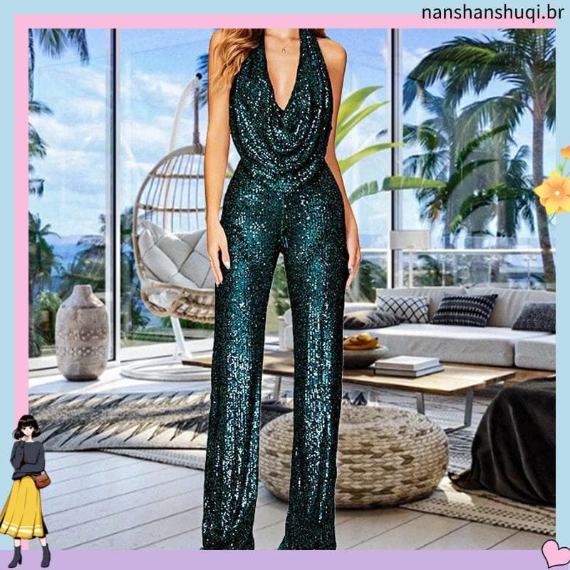 Mulheres E # 39 Casamento Noiva Damas De Honra Elegante Festa Halter Lantejoulas Sem Mangas Macacão Longo Playsuit
