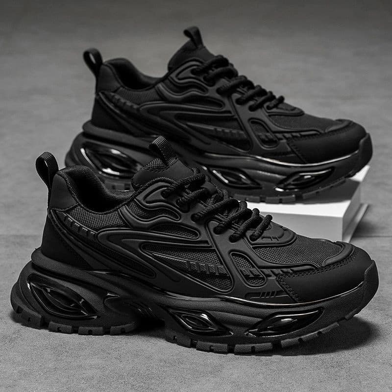 Sapatos masculinos primavera almofada de ar absorção de choque tênis de corrida de sola grossa aumentando malha preta pu