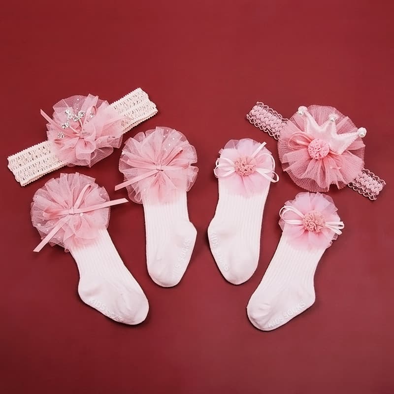 Meias infantis bebê menina meias de algodão tubo médio princesa meias de renda bebê um ano de idade presente bandana cai