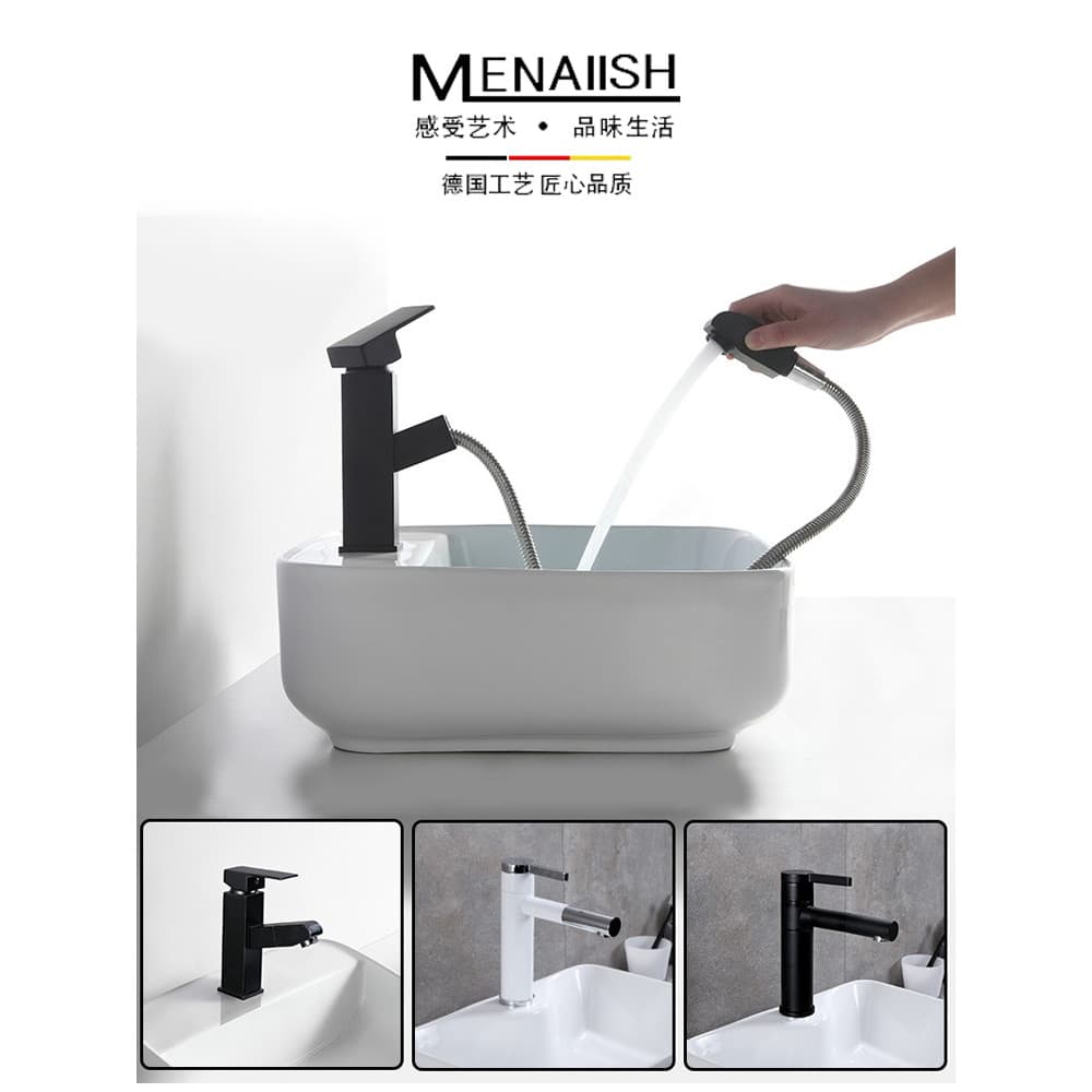 Toda a torneira de cobre fosco pintura preta bancada bacia redonda torneira pulável Shampoo branco quente e frio dupla t