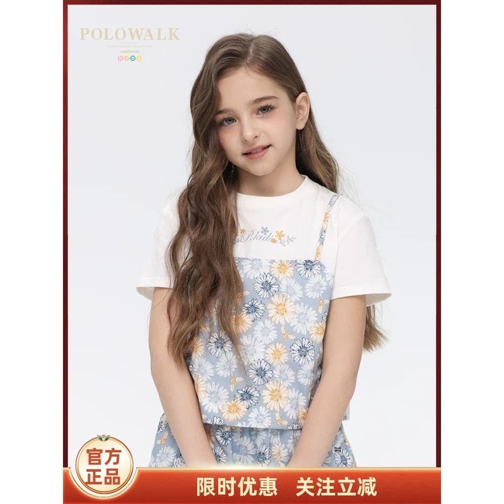 P POLOWALK Roupas Infantis 2026 Verão Novos Produtos Meninas Camiseta de Manga Curta Top Casual Falso Duas Peças Curto T