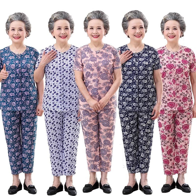 Roupas de verão para idosos mulheres 60-70 anos de idade terno de manga curta avó terno de verão terno de duas peças 80