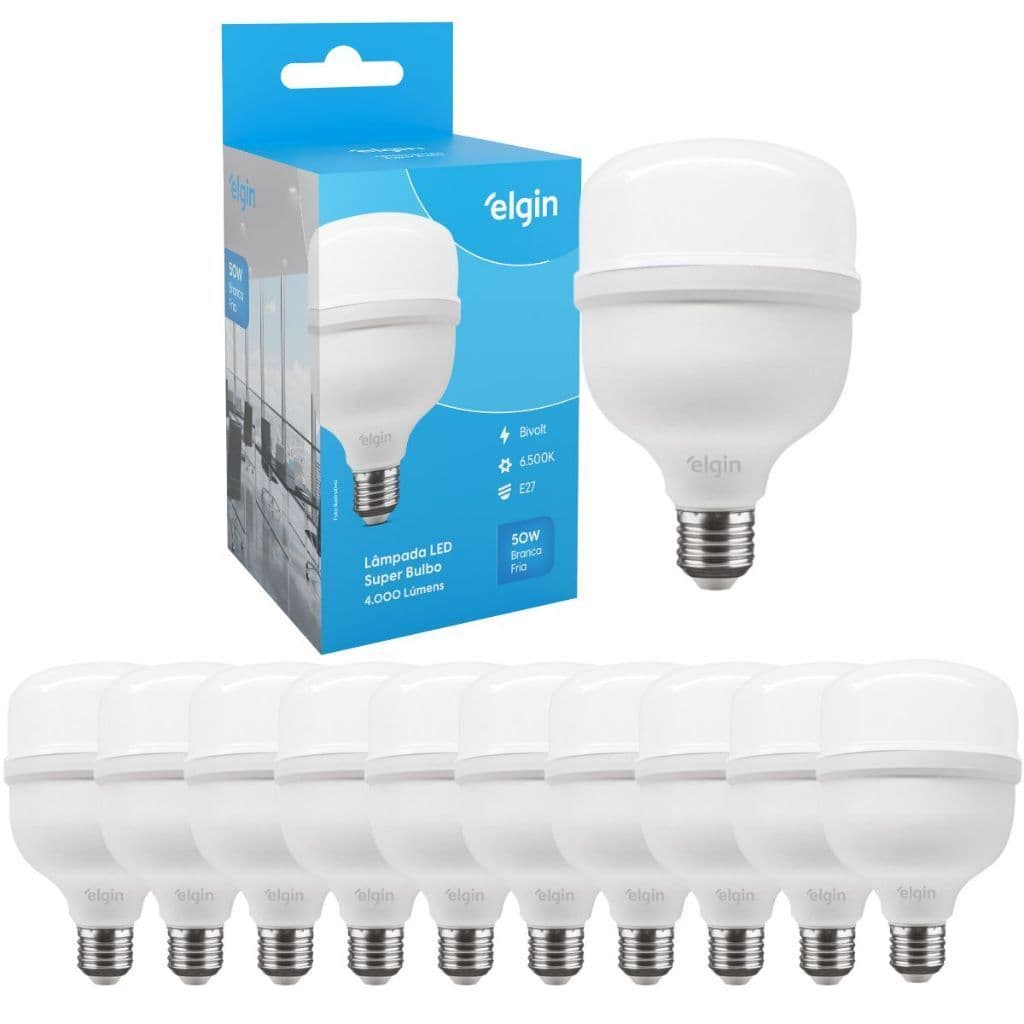Kit 10 Lâmpadas Led Elgin Super Bulbo Alta Potência 50w Luz Branco Frio Bivolt 110/220V 6500k