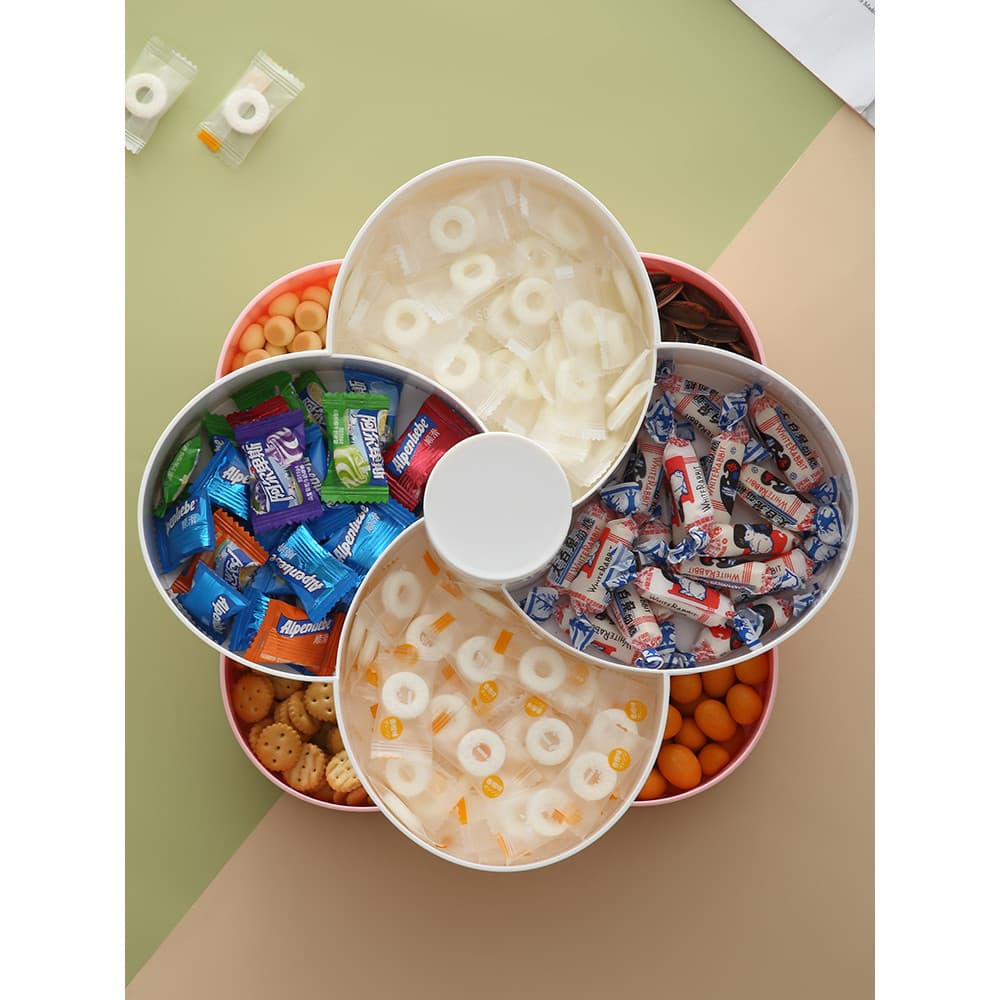Prato de frutas rotativo, camada dupla, pétala selada, pote de frutas, mesa de centro doméstica, nozes, doces, lanches,